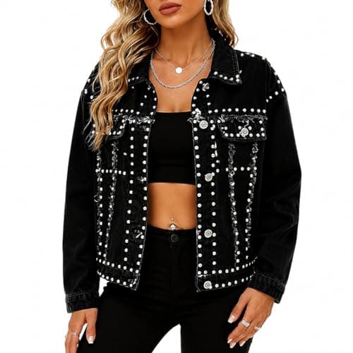 Huang's Women's Embellished Denim Jacket with Shiny Studs Non-Stretch Heavyweight Cotton, Classic Fit, Distressed Detailing Coat (US, Alpha, Medium, Regular, Regular, T229) - Image 1