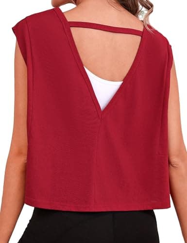 Quenteen Women Cropped Open Back Sleeveless Tank Tops Casual Yoga Y2k Athletic Gym Loose Fit Shirts Wine Red XS - Image 1