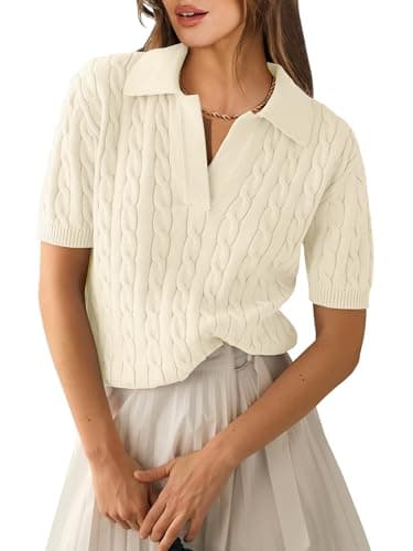 ANRABESS Women's Short Sleeve Sweaters Tops Polo V Neck Cable Knit Casual Soft Pullover Shirts 2026 Summer Outfits Light Yellow X-Large - Image 1