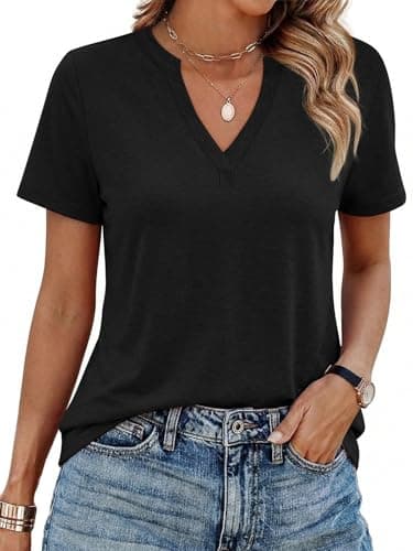 YESTTO Womens V Neck Summer Tops Short Sleeve T Shirts Loose Fit Casual Tee Trendy Basic Tops Lightweight Breathable Fashion Clothes 2026 Black