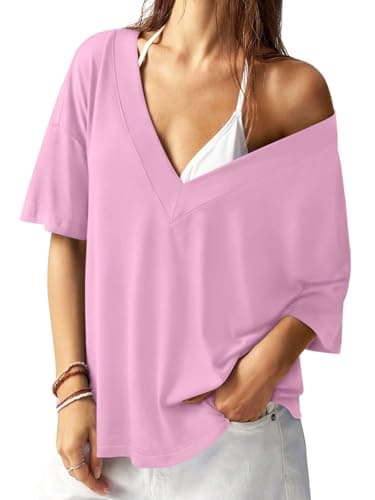 REORIA Women's Trendy Oversized V-Neck T Shirt Short Sleeve Off The Shoulder Contrast Stitching Loose Fit Tops for 2026 Spring Summer Light Pink Purple X-Large - Image 1