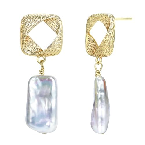 Pearl Earrings for Women 925 Sterling Silver Post 15-20mm 14K Gold Plated Heart Teardrop Design Dangle Freshwater Cultured Pearl Earring Hypoallergenic Wedding Birthday Gift for Mom Girlfriend (Type2-square) - Image 1