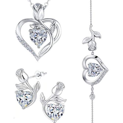 JACUPO Rose Heart Necklace Earrings Bracelet Set Moissanite/Lab-Grown Sapphire/Ruby Options S925 Silver Plated 18K White Gold Engraved I LOVE YOU Ideal for Mother's Day Proposal Gift for Girlfriend Wife (Necklace 1.2CT / Earrings 0.8CT) - Image 1