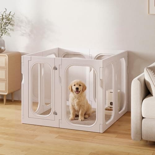 Jenwnet Acrylic Clear Dog Playpen Indoor with Door, 26'' H Transparent Dog Play Pen for Small Dogs, No-Connector Modular Puppy Playpen with Integrated Suction Cups Base, 8 Panels, White - Image 1