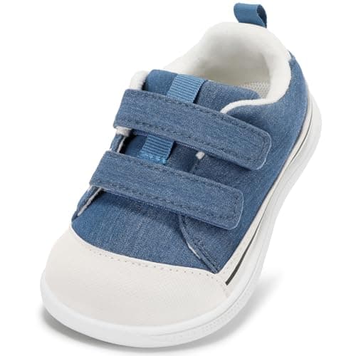 STQ Toddler Shoes Wide Toe Box Boy Girl Barefoot Sneakers Hook and Loops Non-Slip Hook and Loops Baby Shoe Denim Blue Size 6 - Image 1