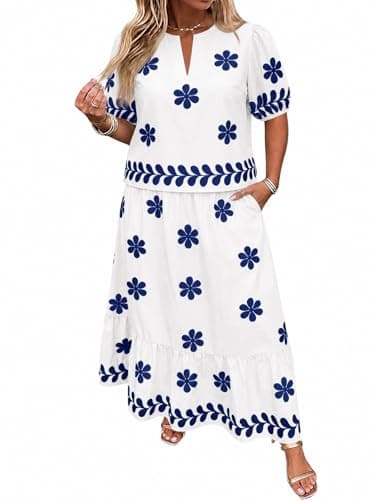 Beautife Womens Plus Size 2 Piece Skirt Sets Floral Puff Sleeve Tops A Line Maxi Dress Summer Matching Sets Vacation Outfits - Image 1