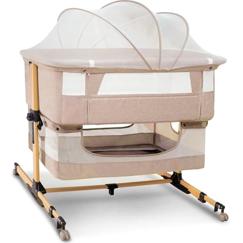 cutebeams Baby Bassinet, 4 in 1 Bedside Bassinet for Baby, Rocking Bassinet with Mattress and Mosquito Net, 5-Height Adjustable, Breathable Mesh (Pink) - Image 1