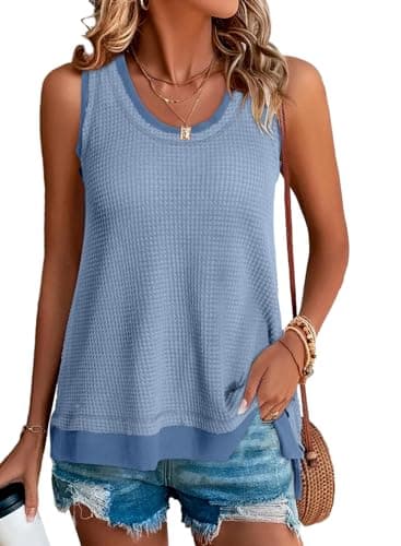 BLENCOT Boho Tank Top for Women 2026 Summer Basic Waffle Knit Scoop Neck Sleeveless Vacation Tunic Shirts Sky Blue L - Image 1