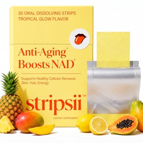 Stripsii NAD+ Strips (30 ct) – Skin Glow, Healthy Hair & Strong Nails Support – Collagen, Hyaluronic Acid & Biotin – Fast-Absorbing Oral Dissolving Supplement – Tropical Flavor, No Sugar, Made in USA