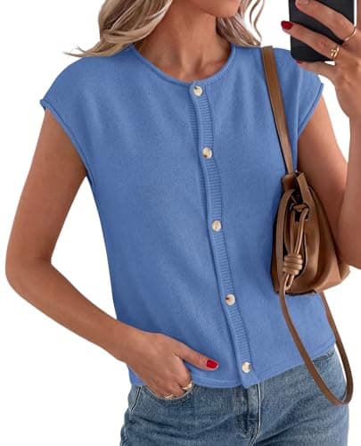 PRETTYGARDEN Sweater Vest Women 2026 Summer Spring Cap Short Sleeve Cardigan Lightweight Button Down Trendy Loose Tops (Light Blue,Small) - Image 1