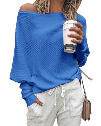 Zenlonr Women's Fall Sweaters 2026 Casual Long Batwing Sleeve Loose Off Shoulder Knit Pullovers Jumper Tops(Brilliant Blue,Large) - Image 1