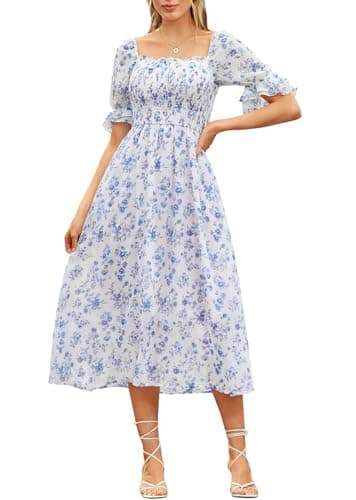 Scarlet Darkness 2026 Summer Floral Dress for Women Cottagecore Smocked Midi Dresses White Blue Floral M - Image 1