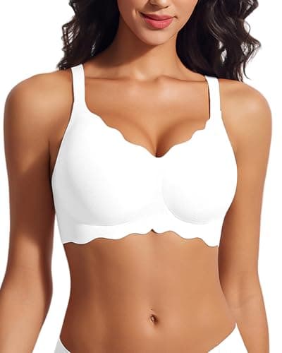 LIIJOO Wireless Seamless Scalloped Bra Full Coverage Push Up Lift No-Underwire Back-Smoothing U-Back Adjustable Straps Hook-and-Eye Breathable Stretch(White, M) - Image 1