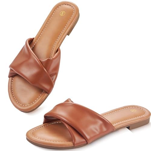 YTSKJ Women's Flat Sandals Round Open Toe Comfortable Fashion Cute Ladies Slides Sandals Women Dressy Summer Flat Leather Casual Fashion Beach Shoes Brown Size 9 - Image 1