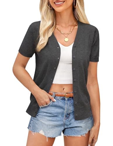 GRACE KARIN Summer Short Sleeve Sweaters for Women, Lightweight Sofy Button Down Top, Summer Sweater Business Casual(Deep Dray,2XL) - Image 1