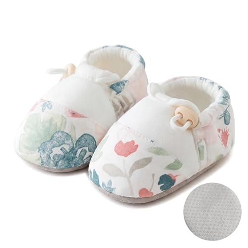 HOVELL Baby Booties Adjustable Toggle Slipper Newborn Stay-on Boots Soft Cozy Cotton Non-Slip Shoes for Infants Girls(SpringFlower,6-12Months)