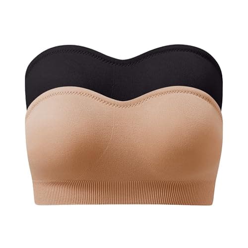 DD DEMOISELLE 2 Packs Wireless Bra Padded Bandeau Bra, Strapless Bandeau Tube Top Tras, Black+Beige-Next-Gen Non-Removable Padding,XL - Image 1