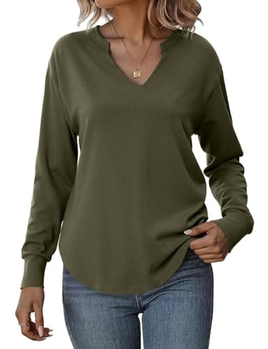 Totatuit Sweatshirts for Women V Neck Long Sleeve Shirts Loose Lightweight Curved Hem Casual Pullover Tops 2025 Fall Army Medium - Image 1
