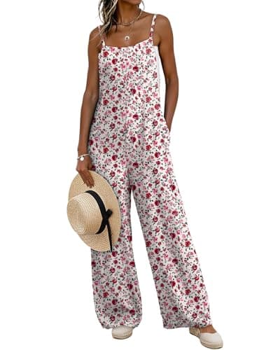 Dokotoo Jumpsuits for Women 2026 Fashion Summer Wide Leg Long Pants One Piece Sleeveless Overalls Casual Loose Fit Rompers With Pockets Plus Size Floral Jumpsuits for Beach Vacation Red Large - Image 1