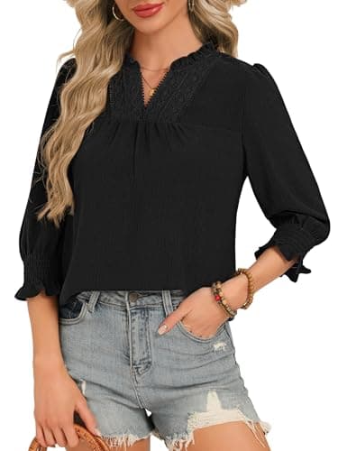 Funlingo 3/4 Length Sleeve Womens Tops Dressy Casual Flowy Blouses Boho Ruffle V Neck Lace T Shirts with Smocked Cuffs 2026 Fashion Clothing Black 2XL - Image 1
