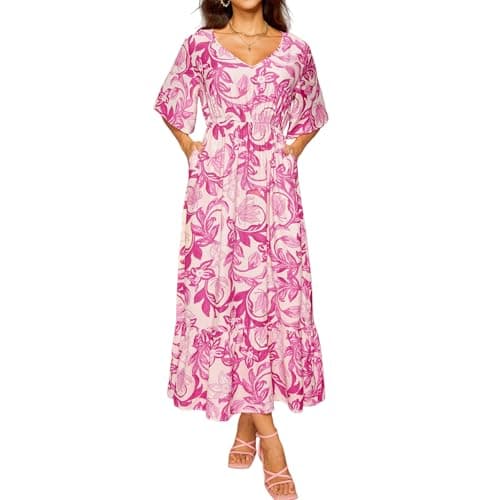 Ystguic Women Fall 3/4 Sleeve Long Maxi V Neck Aline Empire Waist Dresses for Seniors Ladies Rayon Viscose 2025 with Pockets for Casual Medium 024 Pink Floral M - Image 1