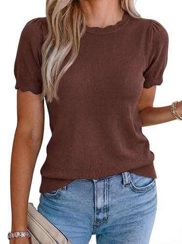 BTFBM Short Sleeve Sweater for Women 2026 Spring Summer Knit Basic Tops Lightweight Business Casual Vacation Outfits(Brown, Small) - Image 1
