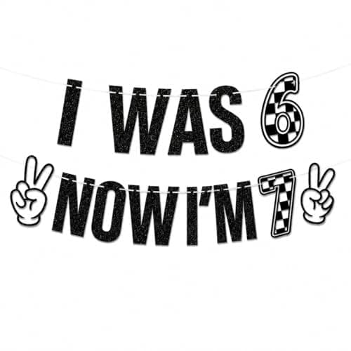 Black Glitter I Was 6 Now I'm 7 Birthday Banner, Two Fast Checkered Racing Theme 7th Birthday Party Decorations for Boys Girls, 6 to 7 Years Old Birthday Sign Garland Supplies - Image 1