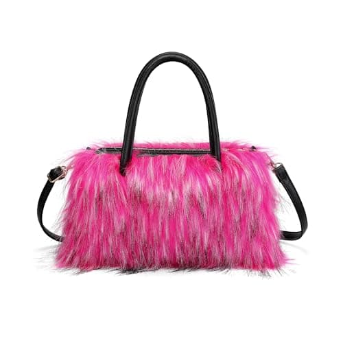 Womens Furry Tote Purse Bag, Faux Fur Sling Handbag, Fluffy Shoulder Satchel for for Women, Mom, Friend, Bridesmaids, Rose Red - Image 1
