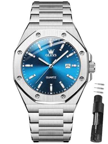 OLEVS Dress Watches for Men Quartz Movement Waterproof Men's Wrist Watch Silver Stainless Steel with Blue Face Luxury Business Watch for Men Suitable for Casual Social Events Surprise Gift for Him - Image 1