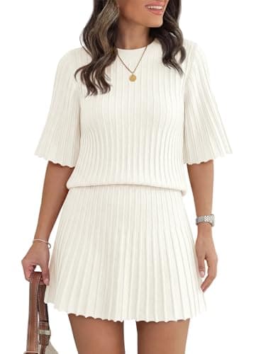 Saodimallsu Womens Lounge Sets Short Sleeve Sweater Summer Outfits 2 Piece Skirt Sets Mini Skirts Knit Sweater Set - Image 1
