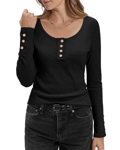 Stelle Womens Long Sleeve Henley T Shirts Button Ribbed Knit Loose Fit Tops Basic Casual Work Blouse Black Small - Image 1