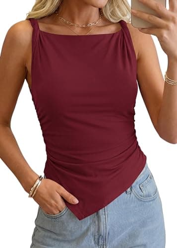 KIRUNDO Going Out Tops for Women 2026 Summer Twist Straps Asymmetrical Ruched Tank Top Slim Fit Sleeveless Shirts Y2K Clothes(Burgundy, X-Large) - Image 1
