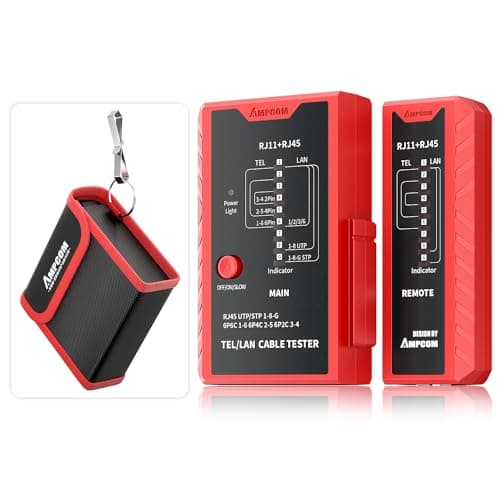 AMPCOM Network Cable Tester RJ45 for LAN & TEL Continuity of RJ45/11/12 CAT5E CAT6 CAT7 UTP & STP Shielded Ethernet Wires Test Tool - W/Carrying Bag - Red - Image 1