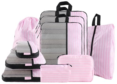 U+U 10 Set Compression Packing Cubes - Ultralight Pink Stripe Travel Organizers with Laundry Bag, Space-Saving Suitcase Organizer, Expandable Packing Cubes for Travel and Family Vacation (Pink Stripe) - Image 1