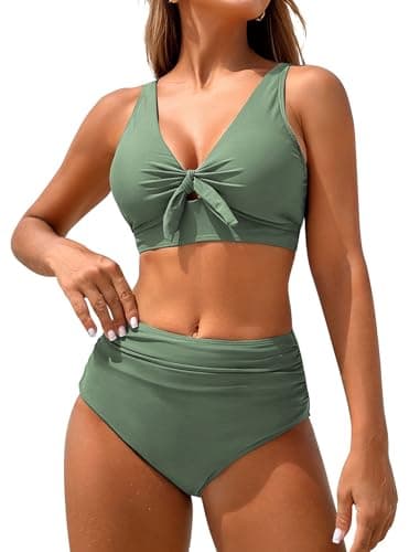 ZAFUL Bikini Sets for Women High Waisted Bathing Suit Tummy Control Two Piece Swimsuit Push Up Vintage Swim Suit 2025 Tie Knot Front Ruched Swimwear Hazel Green 2XL - Image 1
