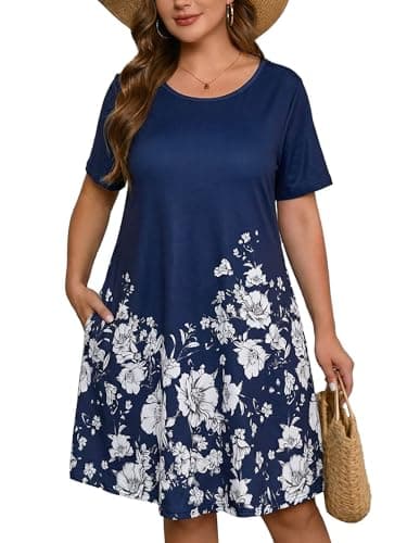 AusLook Plus Size Floral Midi Dress for Women Casual Summer Short Sleeve A Line Swing 4X Dress with Pockets Round Neck Flowy Knee Length T Shirt Vacation Beach Sundress - Image 1