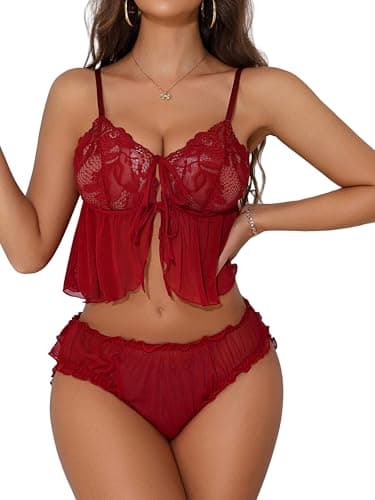Donnalla Lingerie for Women Sexy Bra and Panty Set Lace Stretch Tie Sheer Mesh Lingerie Set Wine Red - Image 1