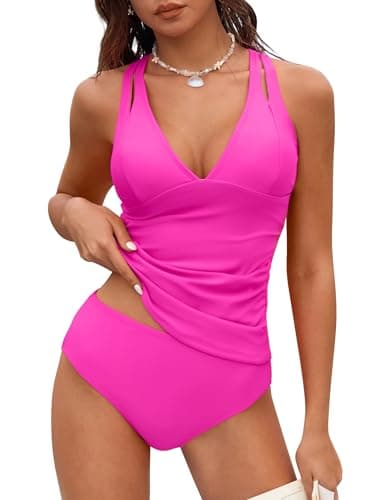 ZAFUL Women Swimsuit Tankini Tummy Control Bathing Suits Two Piece Swimwear Ruched Slim Swim Suits with Mid Rise Bottom, Hot Pink, Small - Image 1