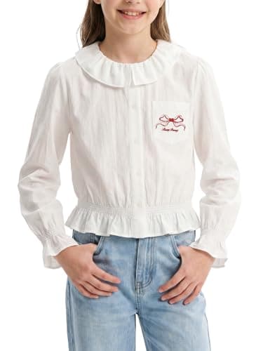 Barry Banny Girls White Button Down Shirt Peter Pan Collar White Blouse with Ruffle Hem Uniform Top for 6-7Y - Image 1