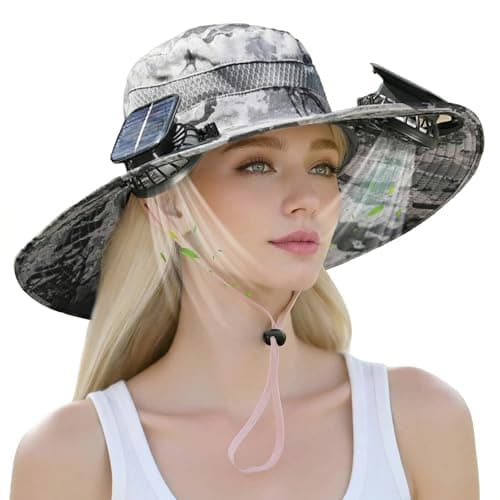 Outdoor Wide Brim Sun Hat with 2 Solar Powered Fan, Bucket Hat for Men Women, Fishing, Gardening & Beach Hat for Men, USB Charging, UPF 50+ Light Camouflage - Image 1