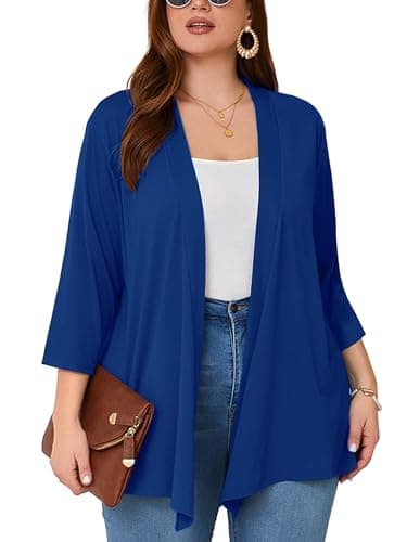 AusLook Women's Plus Size Lightweight Open Front Cardigan Klein Blue 3X Causal 3/4 Sleeve Cover Ups Shrugs Tops Shawls and Wraps Kimono Jacket Coat - Image 1