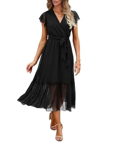 BTFBM Women Summer Bohemian Floral Casual Wrap V Neck Ruffle Cap Sleeveless Belt A-Line Pleated Hem Swing Midi Sun Dress (Swiss Dot Black, XX-Large) - Image 1