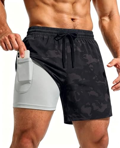 CoozySphere Men's Gym Shorts with Liner 5" Lightweight Running Shorts Mesh Workout Athletic Shorts with Pockets Black Camo - Image 1