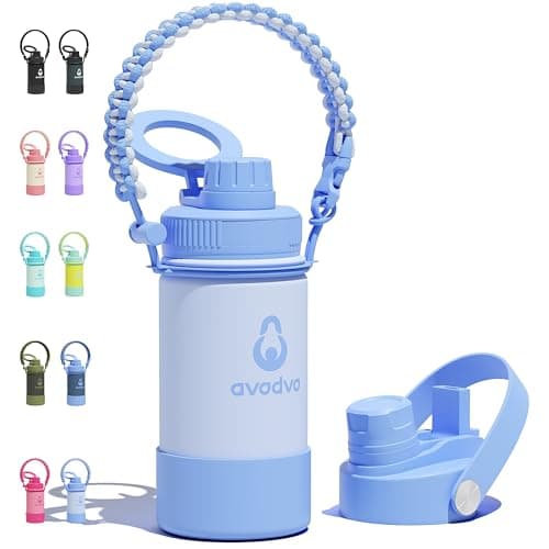 avodvo 12 oz Insulated Water Bottle with 2 Lids (2-in-1 Straw & Spout Lid, Magnetic Lid), Kids Water Bottle with Strap, Kids Stainless Steel Water Bottle for School, PA-Free, Light Blue