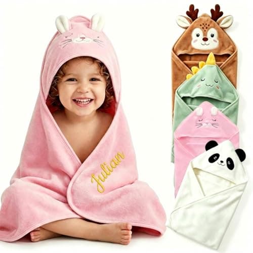 Personalized Baby Bath Towel for Newborn – Custom Animal Hooded Towel with Embroidered Name, Soft Coral Fleece Blanket for Toddlers 1-3, Highly Absorbent Bathrobe Blanket Gift for Boys & Girls - Image 1