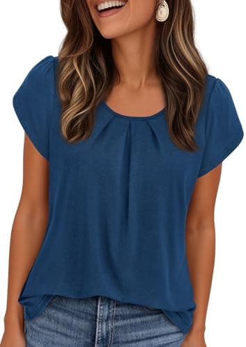 PRETTYGARDEN Womens Tops Dressy Casual Summer 2026 Short Sleeve Blouses Crew Neck Pleated Basic T Shirts Spring Clothes (Dark Blue,Small) - Image 1
