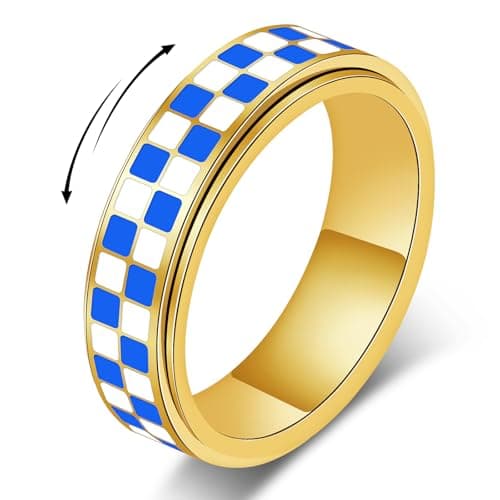 YellovEvey Fidget Spinner Checkered Anxiety Ring - Stainless Steel Gold Rings for Women, Adult Fidget Toys & Stocking Stuffers, Chessboard Anti-Anxiety Jewelry Ring for Women Gold Size 8 - Image 1