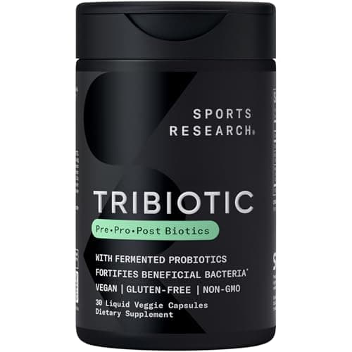 Sports Research® Tribiotic, 3-in-1 Tribiotic - Fermented Gut Health Tribiotic with 10 Billion CFU - Supports Digestion, Microbiome Support - Non-GMO, Vegan & Gluten Free - 30 Liquid Veggie Capsules