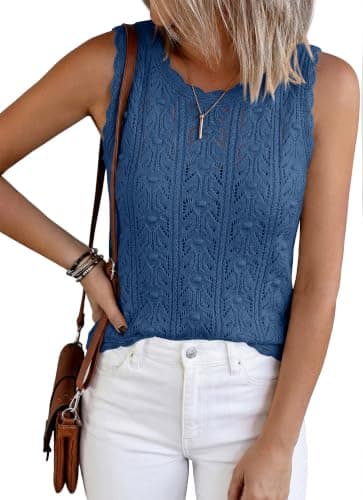 BTFBM Crochet Tank Tops for Women Hollow Out Sleeveless Loose Sweater Vest Top Summer Spring 2026 Beach Vacation Clothes(Dusty Blue, X-Large) - Image 1