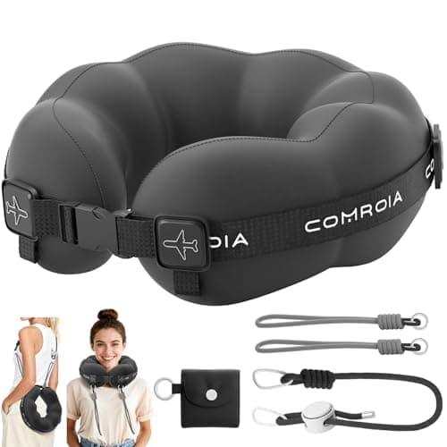ComRola Travel Neck Pillow for Airplane, Super Soft Neck Support Travel Pillow - Lightweight and Stylish Convertible Style - Ergonomic Design for Long Flights, Car, Train & Office Use (Black) - Image 1